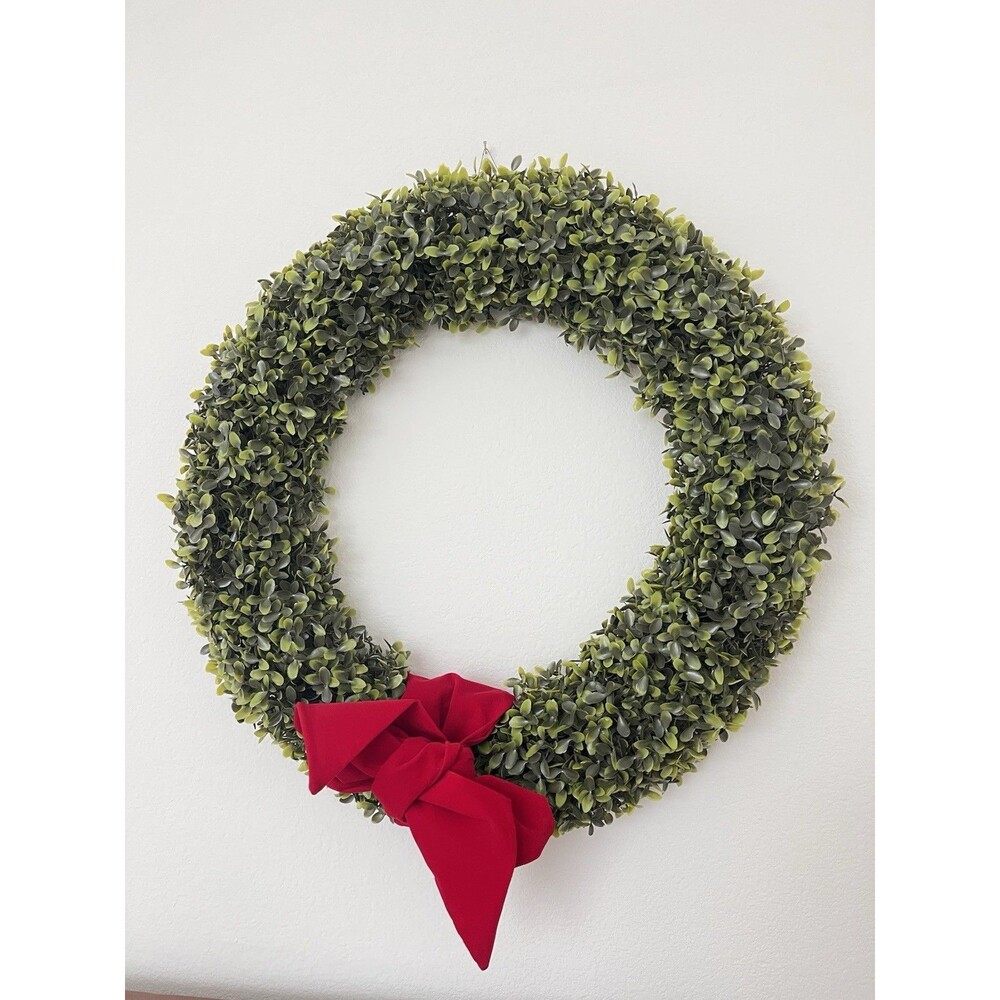 Christmas Boxwood Wreath Door Decoration, Green Foliage with Red Velvet Bow